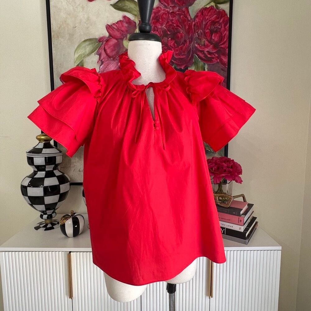 Hunter Bell Women's Tiered Ruffled Short Sleeve Millie Poplin Blouse Red Medium